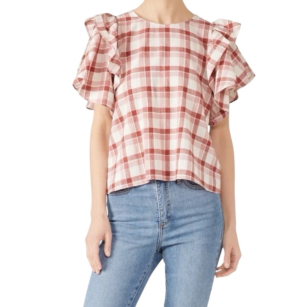 The Great Whisper Shirt Brick Red Plaid Ruffle Sleeve Top Size 1 Small